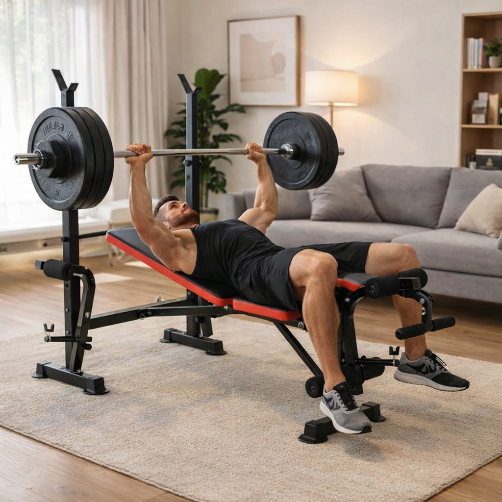 Banc de musculation avec dossier réglable et support de barre