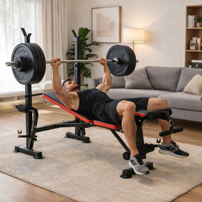 Banc de musculation avec dossier réglable et support de barre